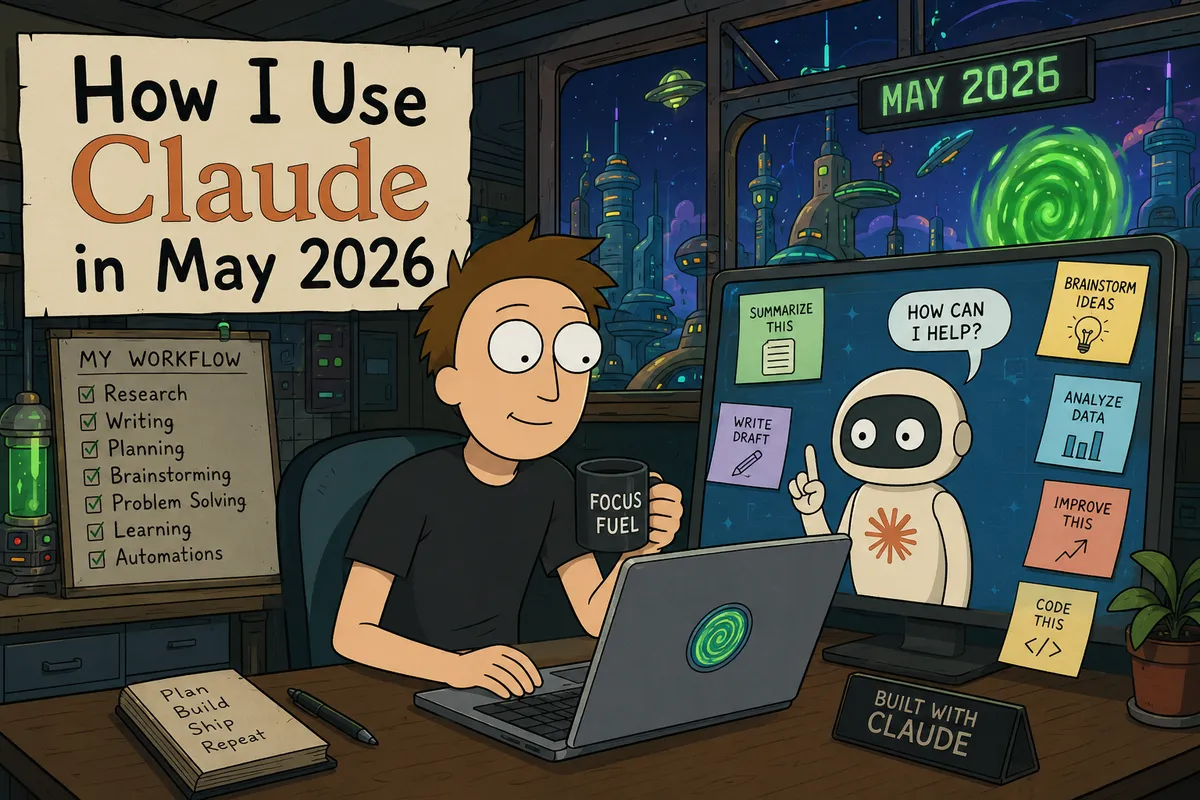 Cartoon-style illustration of a developer at a desk collaborating with a Claude AI assistant against a futuristic May 2026 backdrop