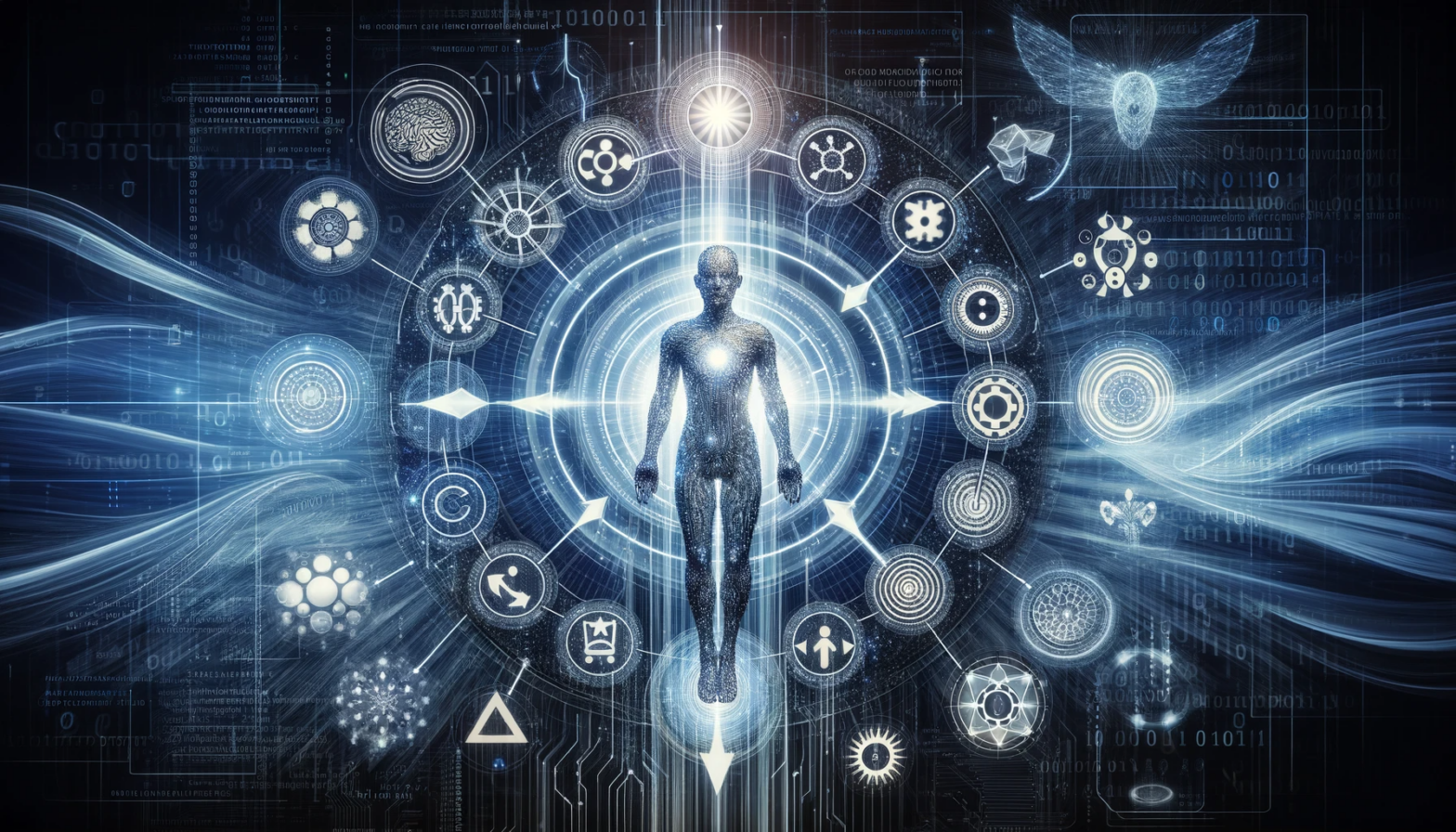 An image generated by DALL-E to methophirically represent the blending of the concepts of agile software development and artificial intelligence. Shows a humanoid figure made of code, surrounded by circuitry, and symbols evoking agile and devops processes