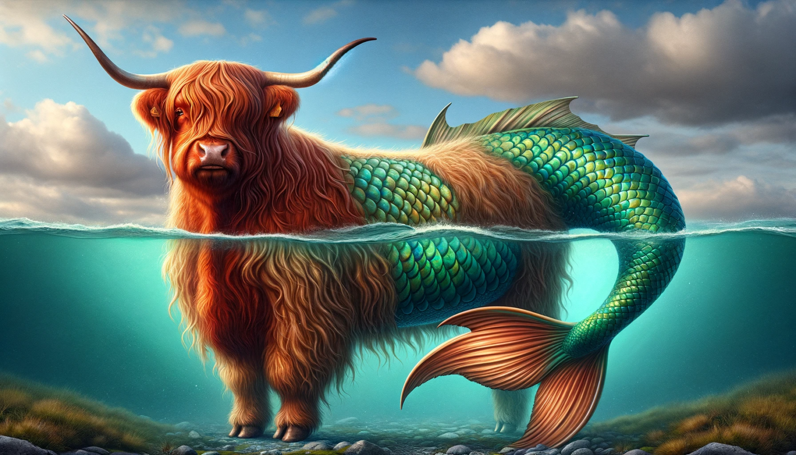 A scottish highland cow with the backend of a mermaid