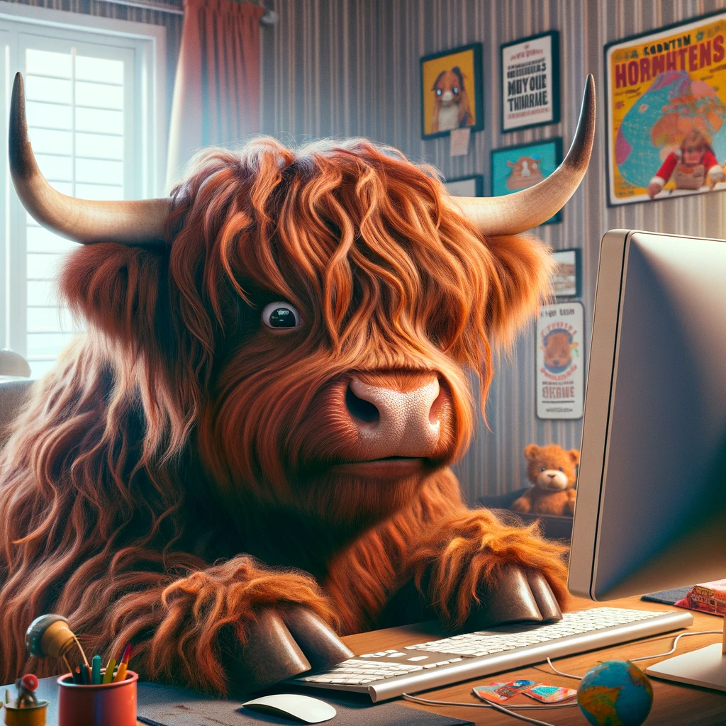 A scottish highland cow using a computer and realizing he's the victim of phishing.