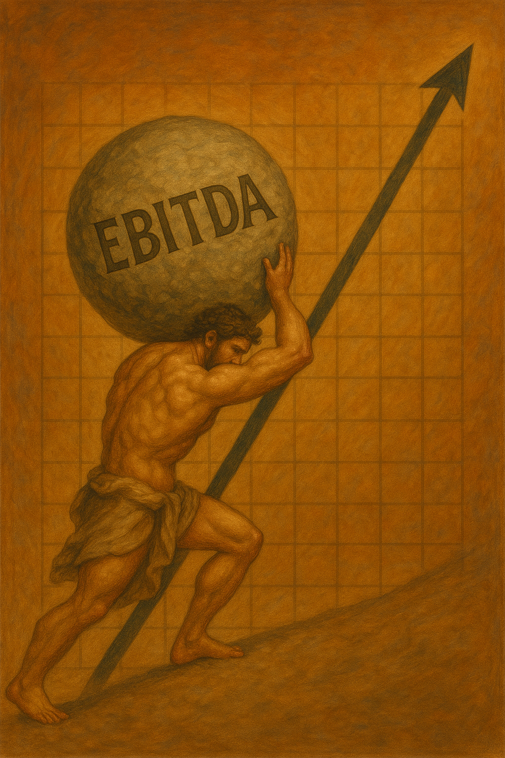 Sisyphys pushing EBITDA boulder up a hill that looks like a line chart hockeysticking up and to the right